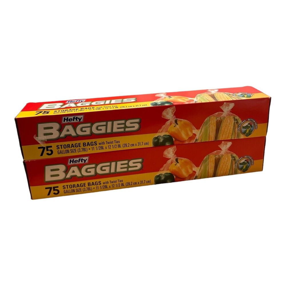2 LOT Hefty Baggies Food Storage Gallon Size Bags 75 Count + Twist off Ties